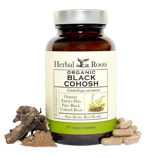 Herbal Roots envase frontal mostrando 90 cápsulas y etiqueta orgánica para confianza