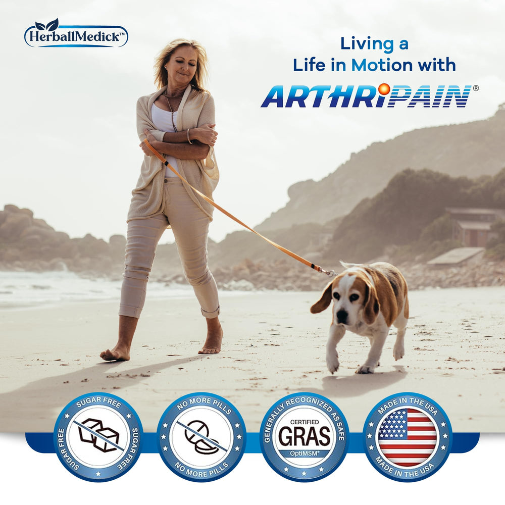 HerballMedick Arthripain bebida junto a zapatillas mostrando uso activo