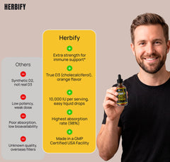 HERBIFY textura del aceite D3 en close-up, aspecto limpio y soluble