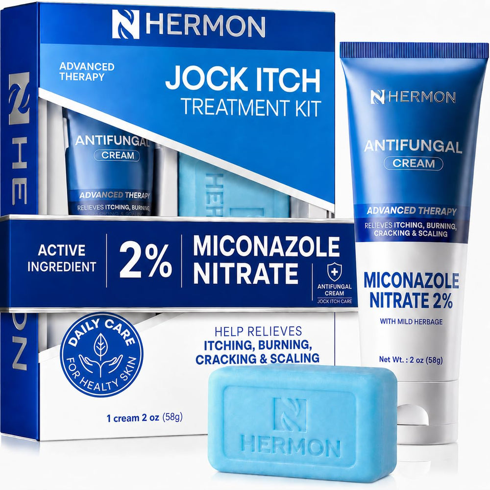 Hermon envase de crema y jabón visible para tratamiento antifúngico