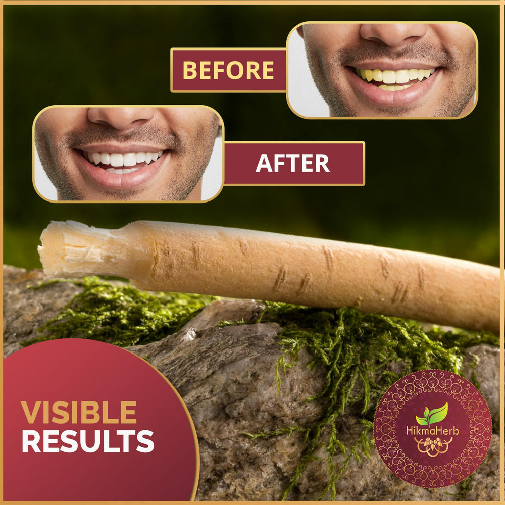 HikmaHerb palitos miswak sobre fondo natural enfatizando origen vegetal