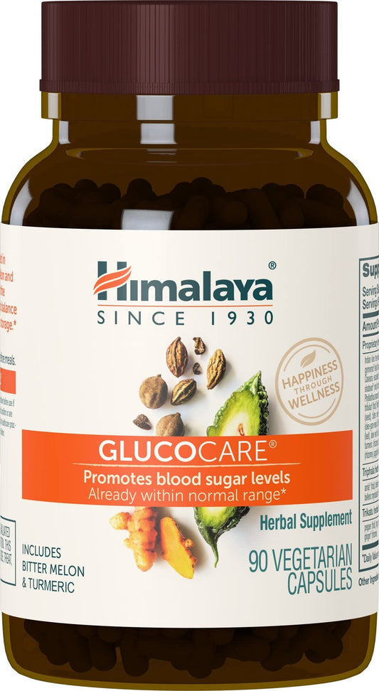 Himalaya frasco GlucoCare frente mostrando diseño y beneficio de apoyo metabólico