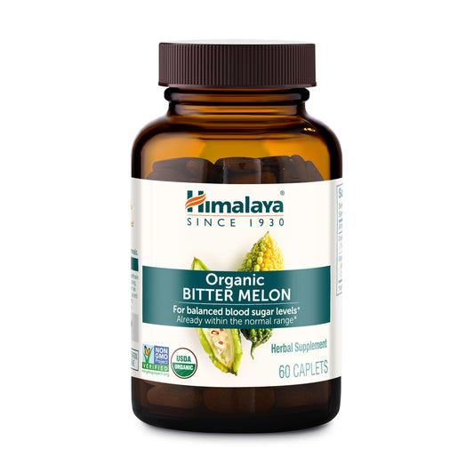 Himalaya botella frontal mostrando 60 caplets orgánicos y beneficio de pureza