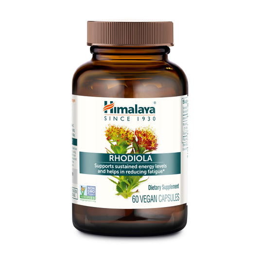 Himalaya frasco frontal del suplemento Rhodiola Rosea mostrando presentación y cápsulas