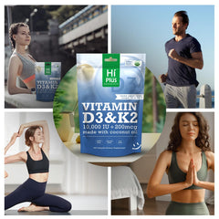 HiPlus caja exterior que resalta 10.000 UI D3 y 200 mcg K2