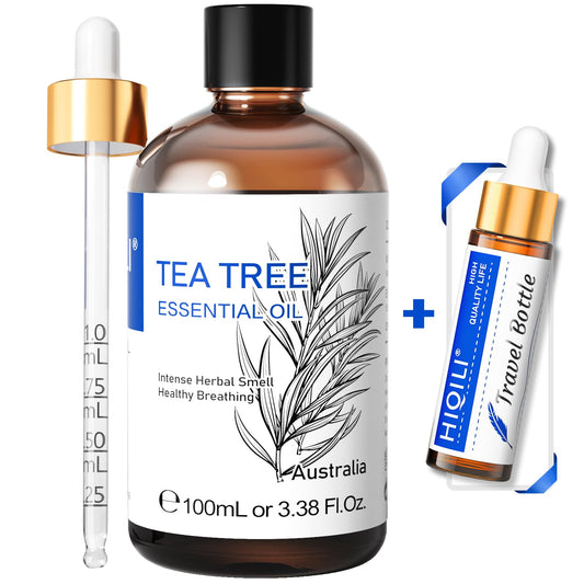 HIQILI aceite de árbol de té, botella en primer plano para cabello suave y piel limpia.