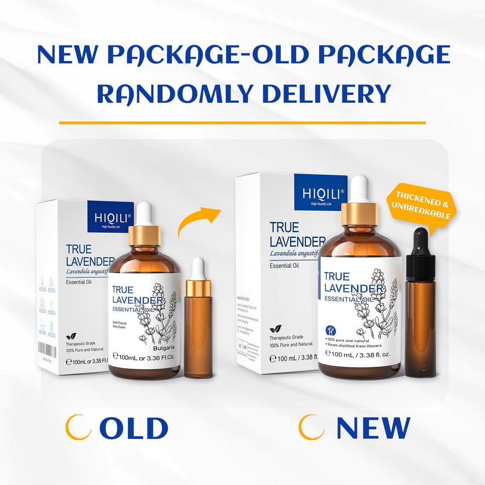 HIQILI Lavender Oil travel bottle shown with packaging for on-the-go use.