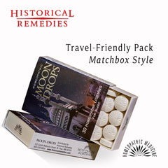 Historical Remedies Moon Drops pastilla junto a almohada indicando ayuda para dormir