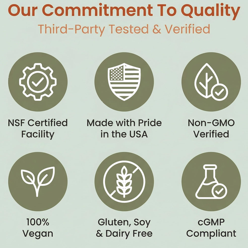 Etiqueta HMS Nutrition con sellos NSF y vegan, garantía de calidad y pureza