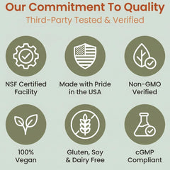 Etiqueta HMS Nutrition con sellos NSF y vegan, garantía de calidad y pureza