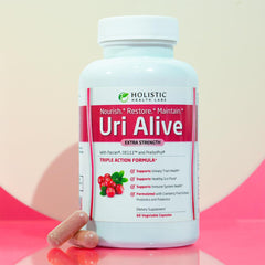 Holistic Health Labs Uri Alive cápsulas en primer plano mostrando textura y tamaño