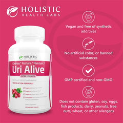 Holistic Health Labs Uri Alive ingredientes clave arándano y probiótico en apoyo urinario