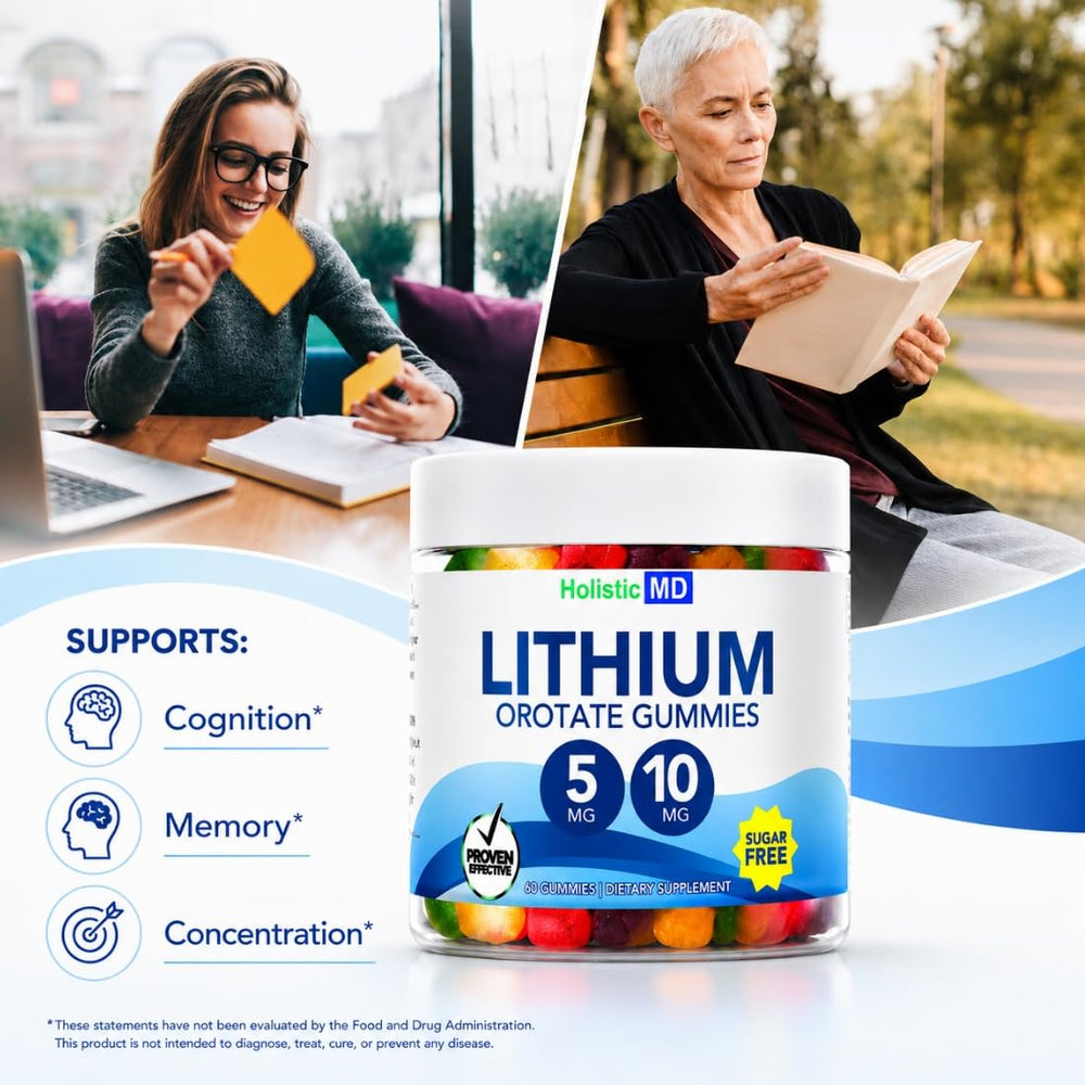 Etiqueta nutricional Holistic MD Lithium Orotate con información de 5 mg por gomita