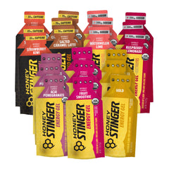 Honey Stinger pack frontal mostrando 21 sobres y variedad de sabores para elegir