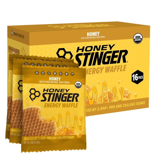 Honey Stinger paquete frontal mostrando 16 waffles, conveniente para entrenamiento