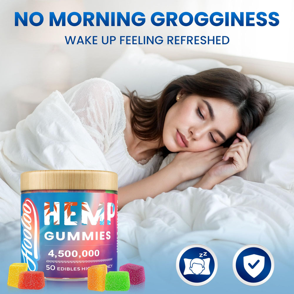 HOOLOO gominolas en una mano para comparar tamaño, beneficio dosificación clara