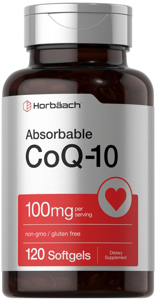 Horbäach CoQ10 100 mg, botella frontal, apoyo diario de energía natural.