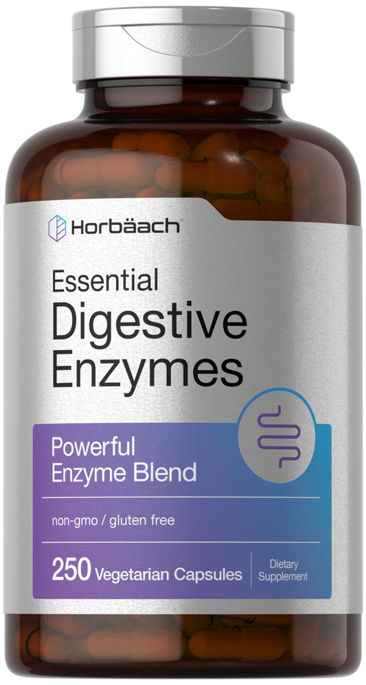 Horbäach Essential Digestive Enzymes bottle supports daily digestion after meals