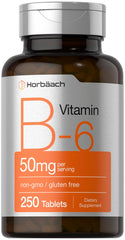 Horbäach frasco frontal de vitamina B6 50 mg mostrando etiqueta clara y durabilidad