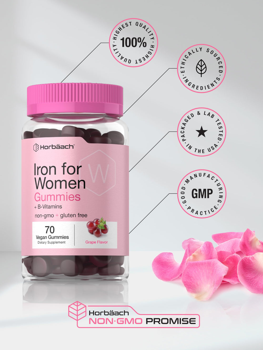 Horbäach gominolas con ingredientes naturales en bodegón, enfatizando ausencia de alérgenos
