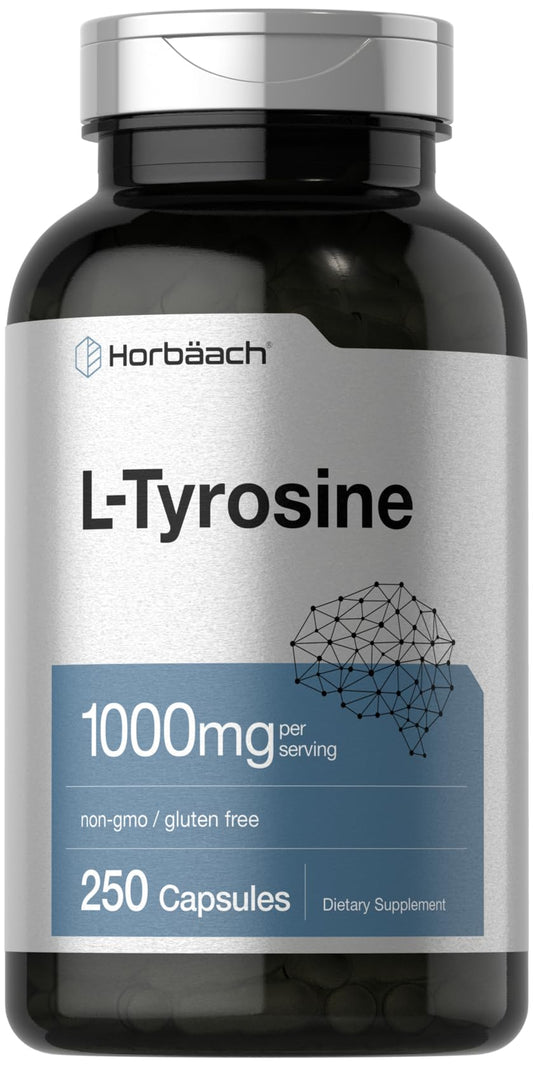 Horbäach L-Tyrosine 1000mg capsules in bottle for daily wellness routine
