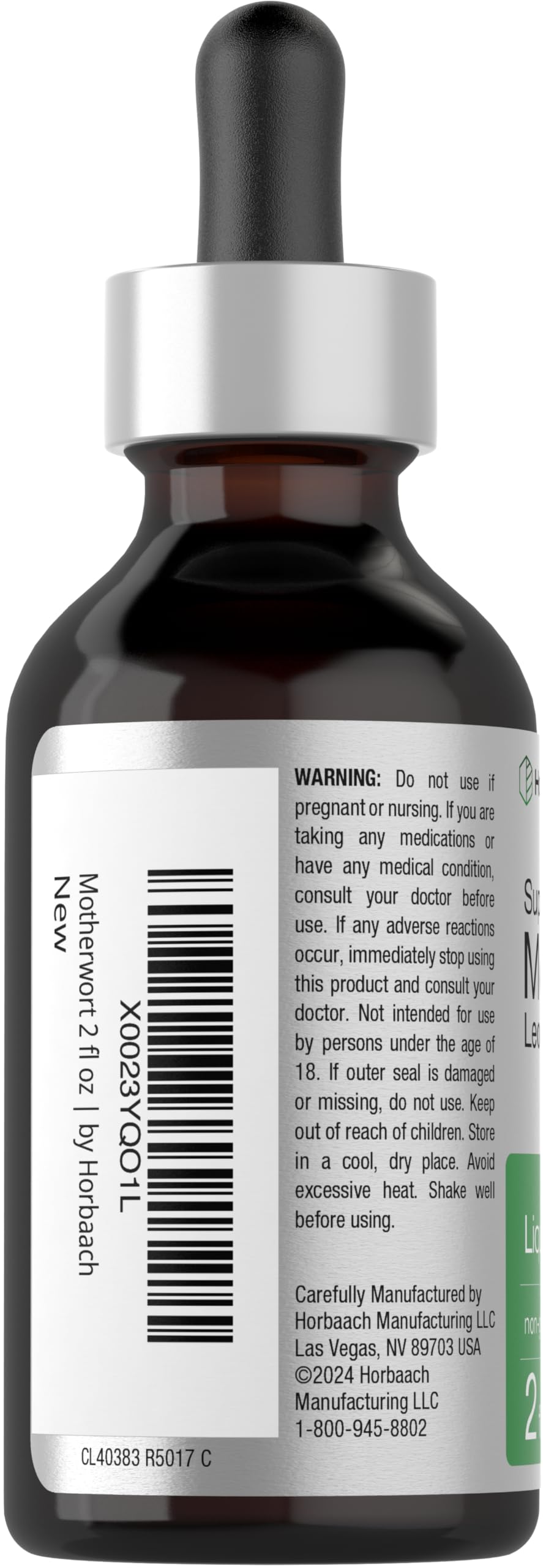 Horbaach motherwort tincture label highlights gluten-free and non-GMO features