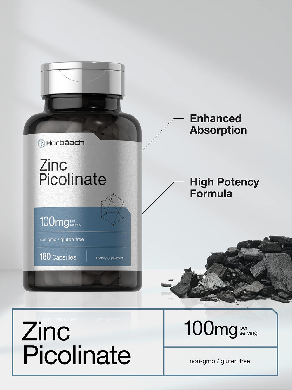 Horbäach Zinc Picolinate label highlights 100 mg per serving.