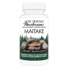 Host Defense frasco del producto Maitake mostrando diseño y cantidad visible