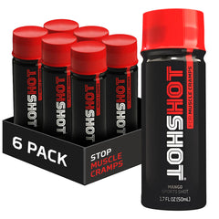 HOTSHOT pack frontal mostrando seis shots, solución portátil para calambres