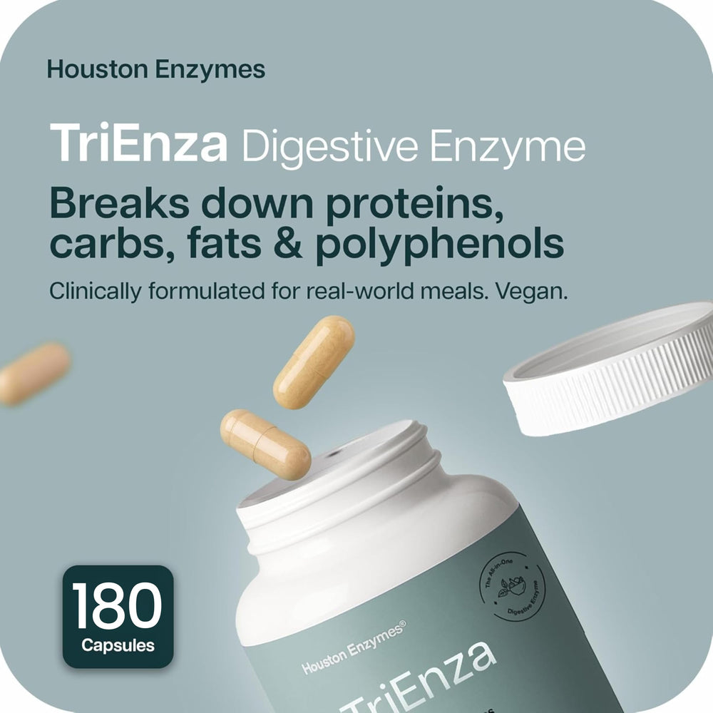 Houston Enzymes cápsulas en primer plano que indican fácil ingestión y eficacia
