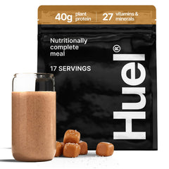 Huel envase Black Edition frontales mostrando el sabor Salty Caramel y conveniencia