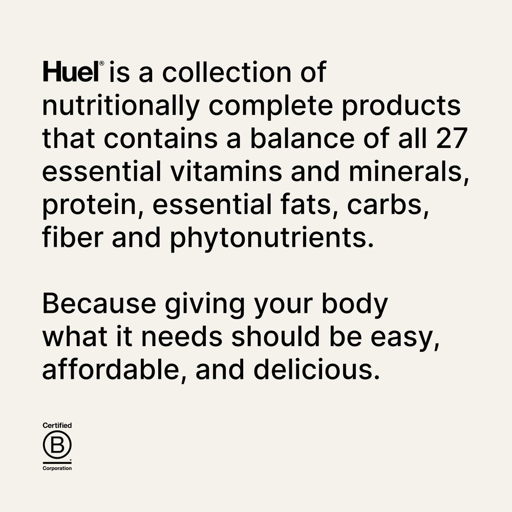 Huel Black Edition comparación de tamaño con frutas, porcentaje de porción visual
