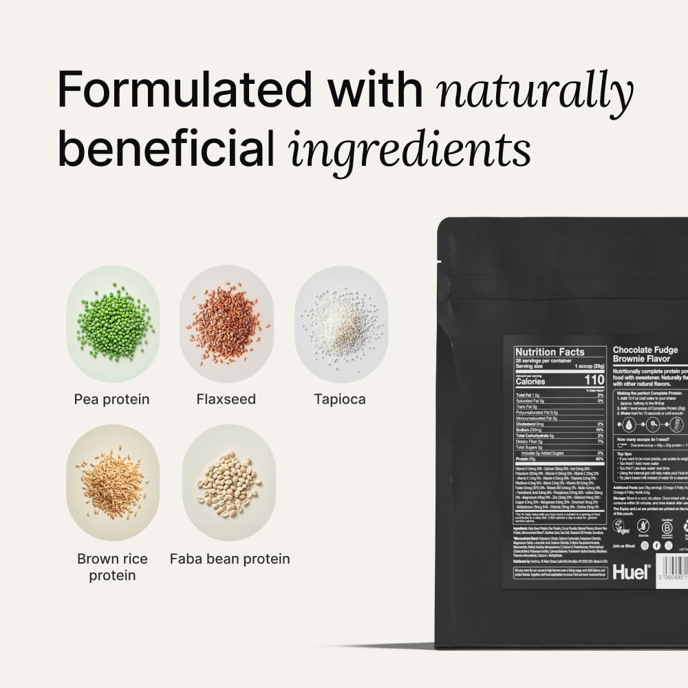 Huel etiqueta nutricional en primer plano, transparencia sobre macronutrientes