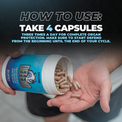 Huge Supplements defiend persona tomando cápsula con vaso de agua apoyo diario