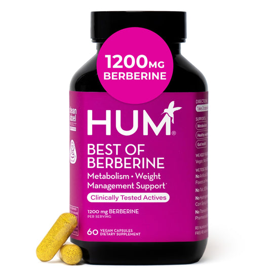 Hum Berberina 1200mg, botella visible para apoyo al metabolismo y bienestar.