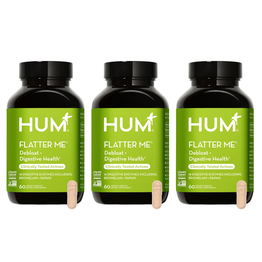 HUM Flatter Me bottle front showing fast-acting digestive support packaging.