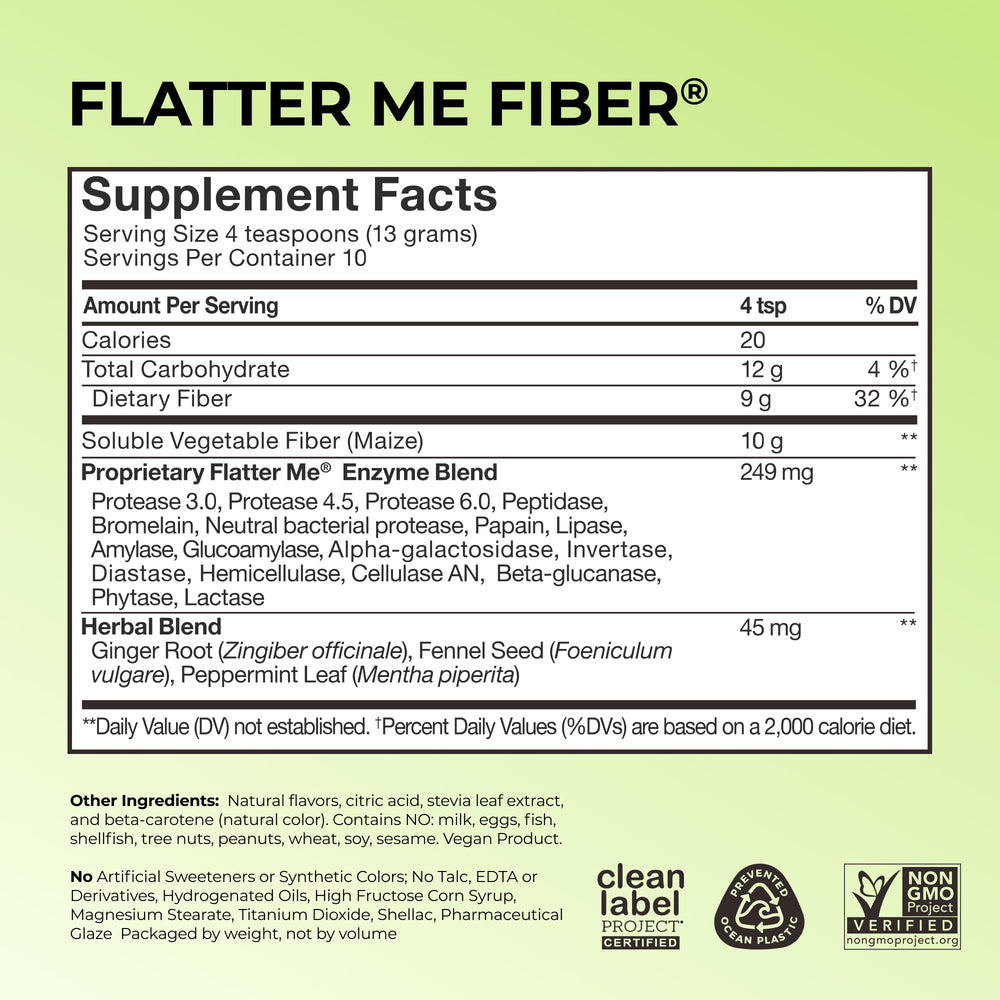 Hum Flatter Me Fiber GLP-1: etiqueta visible para identificar ingredientes y beneficios.