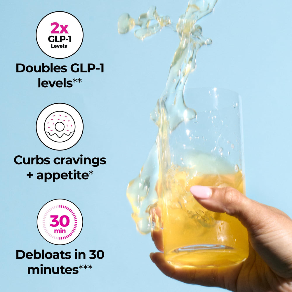 Hum Flatter Me Fiber GLP-1: mezcla en vaso facilita la digestión y comodidad estomacal.