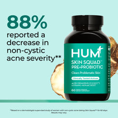HUM Skin Squad Probiotics: etiqueta frontal que destaca ingredientes limpios y calidad.