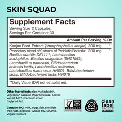 HUM Skin Squad Probiotics: lista de ingredientes que subraya prebióticos y probióticos.