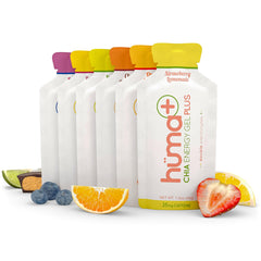 HÜMA CHIA ENERGY GEL frontal del pack mostrando variedad y beneficios energéticos