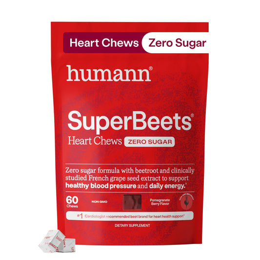 HumanN frente del envase SuperBeets Heart Chews mostrando presentación y sabor