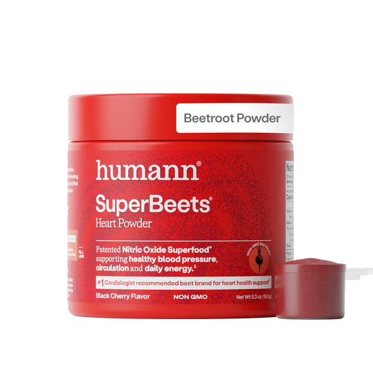 HumanN SuperBeets frente del envase mostrando 30 porciones y sabor