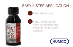 Detalle de etiqueta Humco Gentian Violet mostrando concentración y origen USA