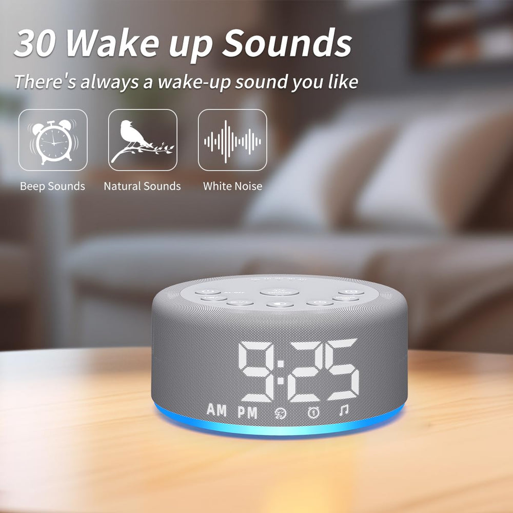 Hushing alarm clock offers 30 wake-up sounds for a gentle start.