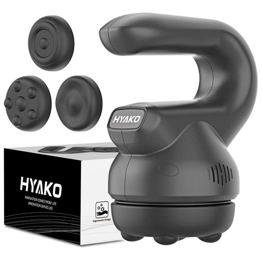 HYAKO Masajeador Mini Orbital en mano, diseño ergonómico para uso diario y relajación muscular.
