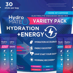 HydroMATE frente del empaque mostrando 30 sobres y beneficios claros