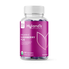 Hyland's frasco frontal mostrando 60 gomitas y certificación orgánica, apoyo claro