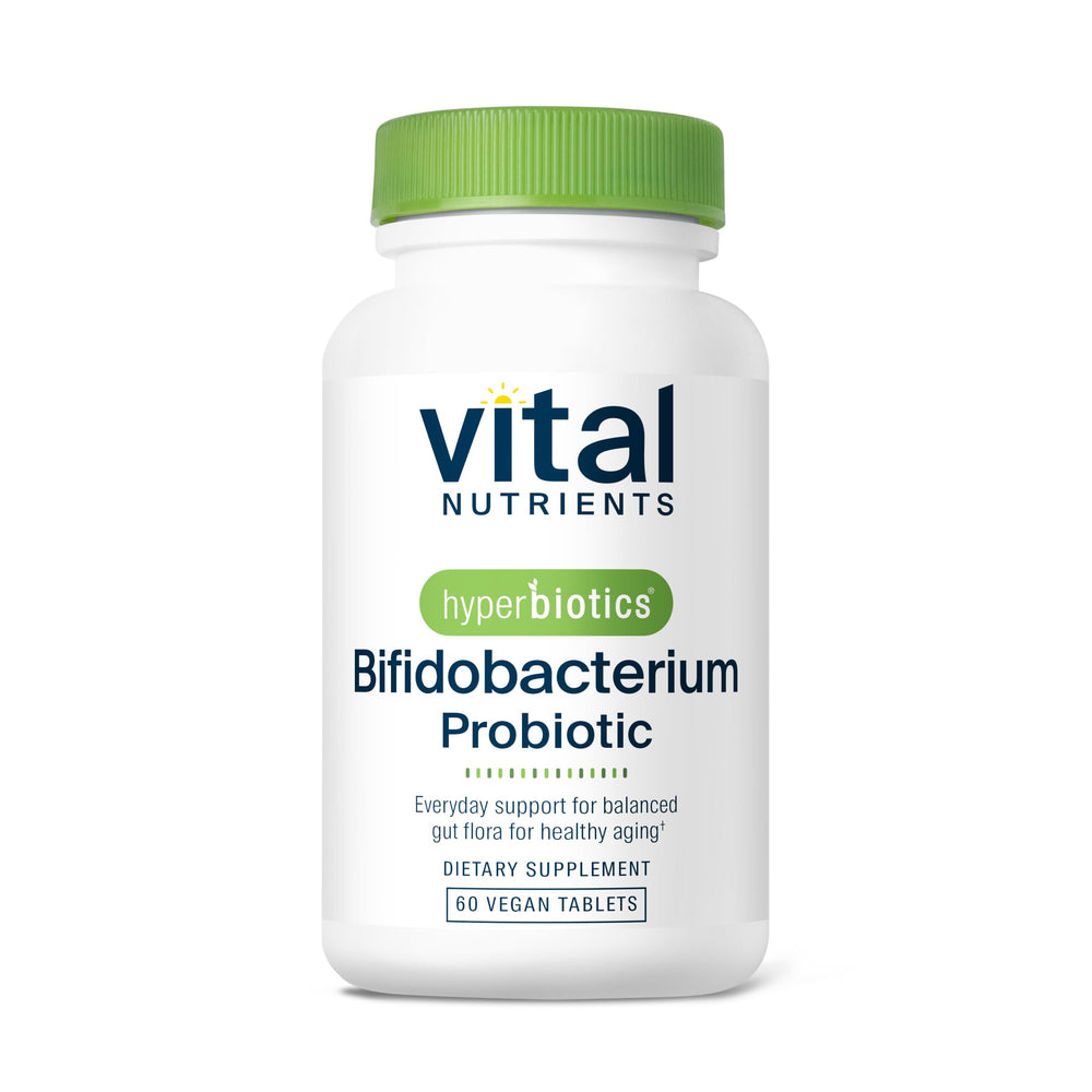 Hyperbiotics botella frontal que muestra el producto y beneficio de estabilidad