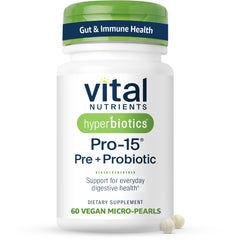 Hyperbiotics envase frontal destacando 15 cepas y liberación sostenida, apoyo digestivo
